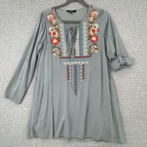 Andree by Unit Dress Womens Small Gray Embroidered Boho Roll Tab Sleeve Lined